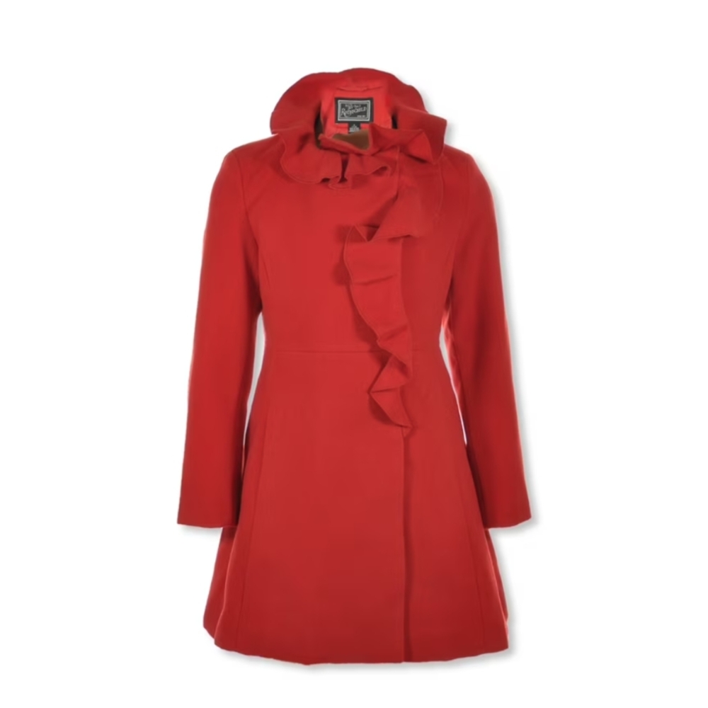 Rothschild Red Trench Coat with High Collar and Ruffle